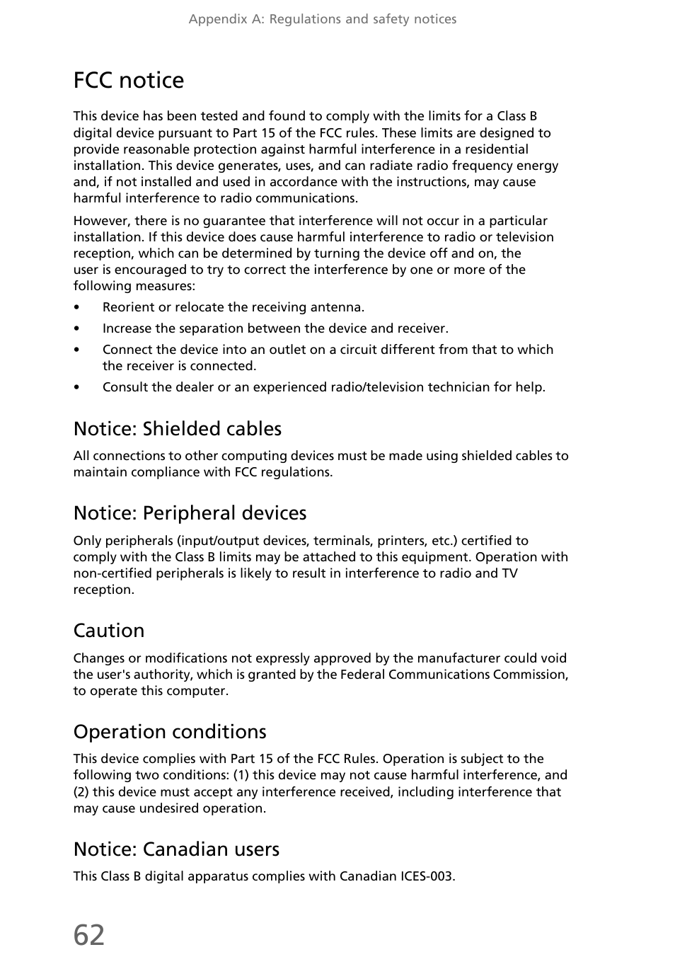Fcc notice, Notice: shielded cables, Notice: peripheral devices | Caution, Operation conditions, Notice: canadian users | eMachines EL1300 User Manual | Page 72 / 80