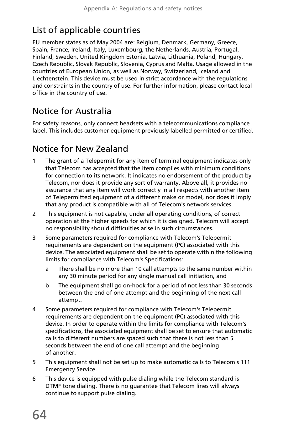 List of applicable countries, Notice for australia, Notice for new zealand | eMachines EL1300 User Manual | Page 74 / 80