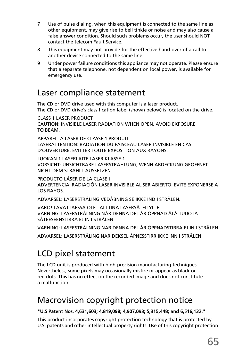 Laser compliance statement, Lcd pixel statement, Macrovision copyright protection notice | eMachines EL1300 User Manual | Page 75 / 80