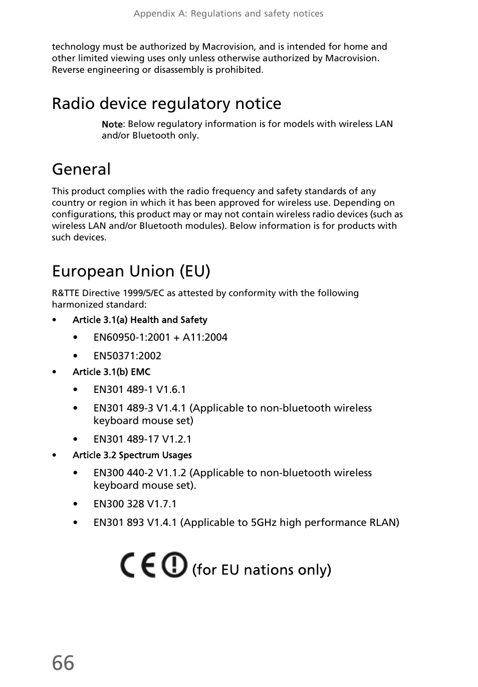 Radio device regulatory notice, General, European union (eu) | eMachines EL1300 User Manual | Page 76 / 80