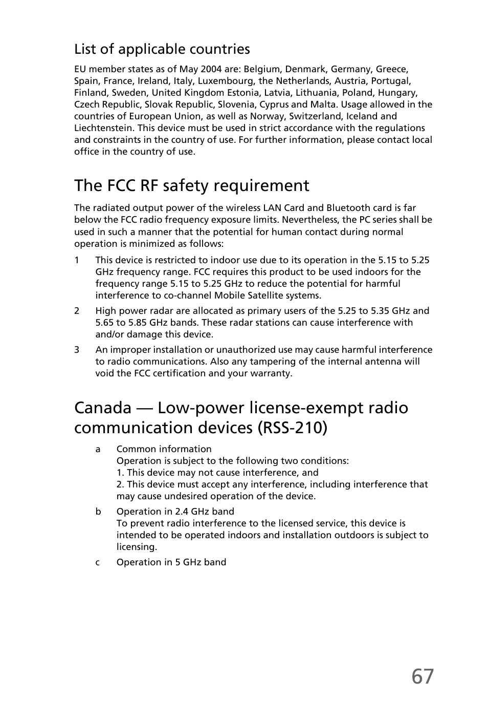 The fcc rf safety requirement, List of applicable countries | eMachines EL1300 User Manual | Page 77 / 80
