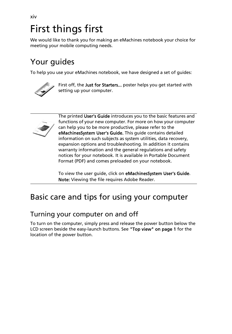 First things first, Your guides, Basic care and tips for using your computer | eMachines E510 Series User Manual | Page 14 / 64