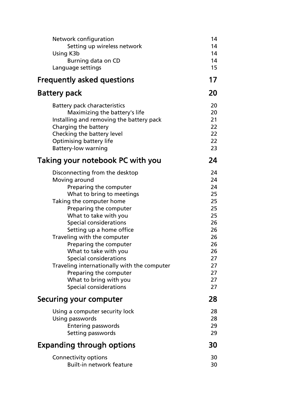 Frequently asked questions 17 battery pack 20, Securing your computer 28, Expanding through options 30 | eMachines E510 Series User Manual | Page 18 / 64