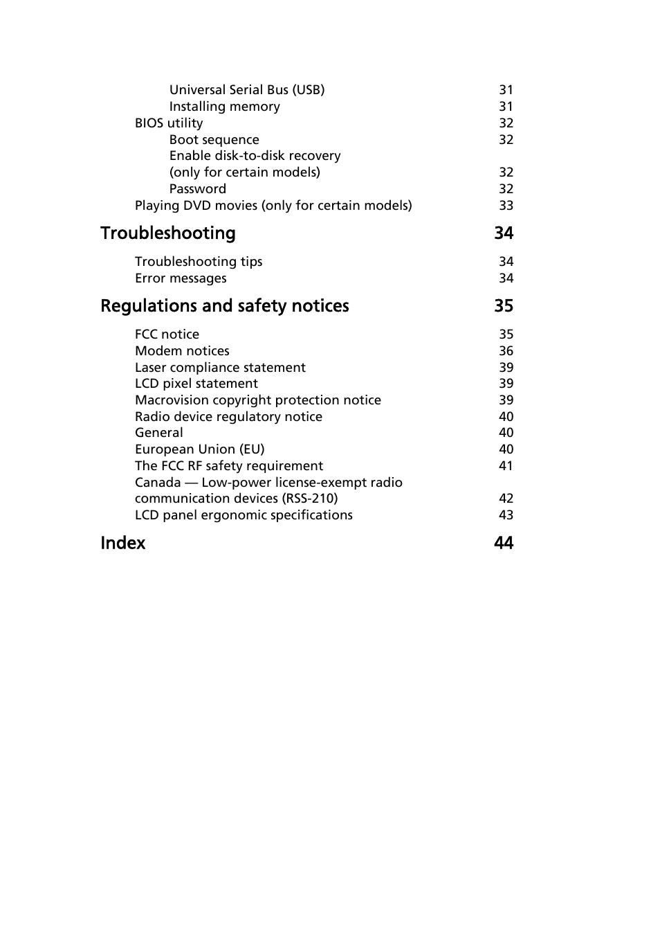 Troubleshooting 34, Regulations and safety notices 35, Index 44 | eMachines E510 Series User Manual | Page 19 / 64