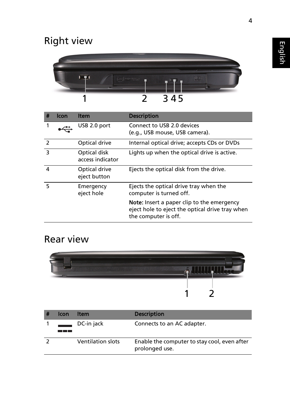 Right view, Rear view, Right view rear view | eMachines E510 Series User Manual | Page 23 / 64