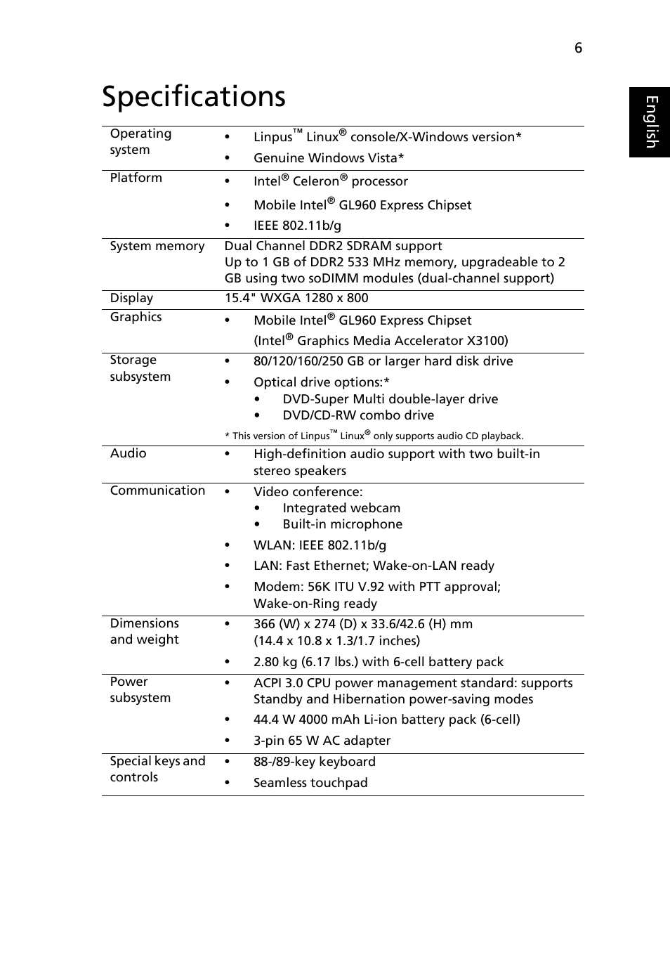 Specifications, Eng lis h | eMachines E510 Series User Manual | Page 25 / 64