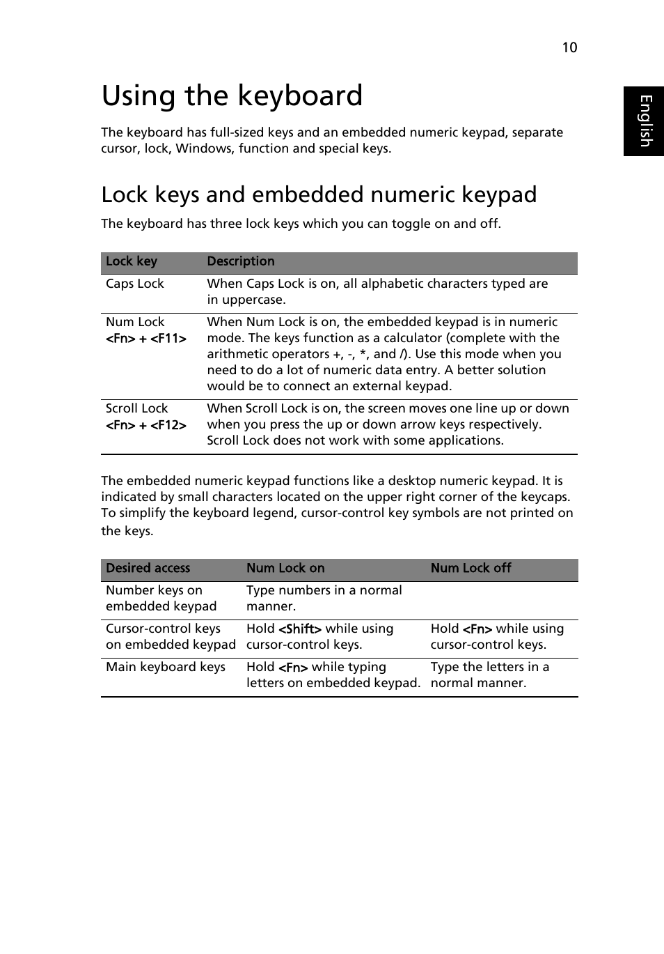 Using the keyboard, Lock keys and embedded numeric keypad | eMachines E510 Series User Manual | Page 29 / 64