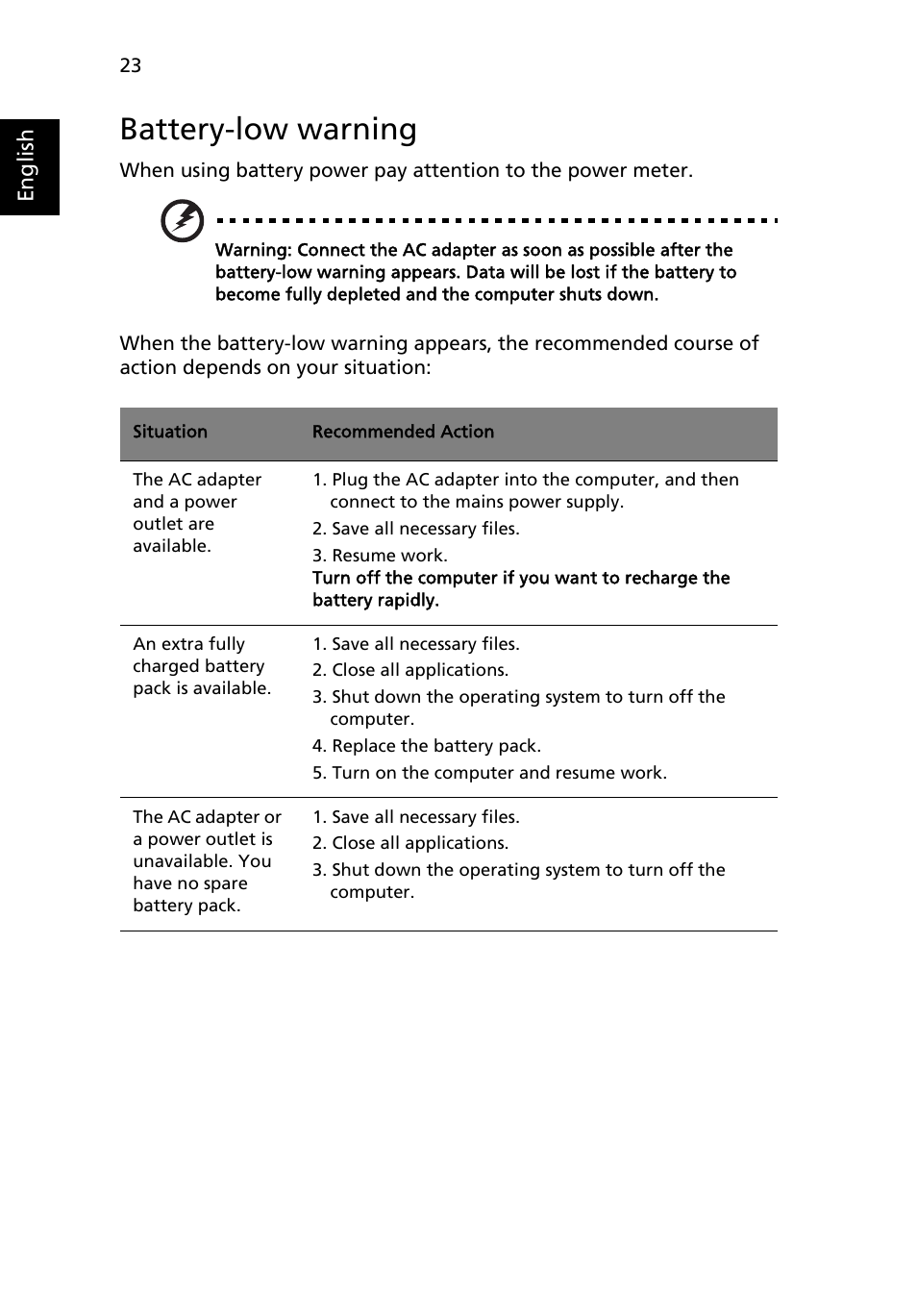Battery-low warning | eMachines E510 Series User Manual | Page 42 / 64