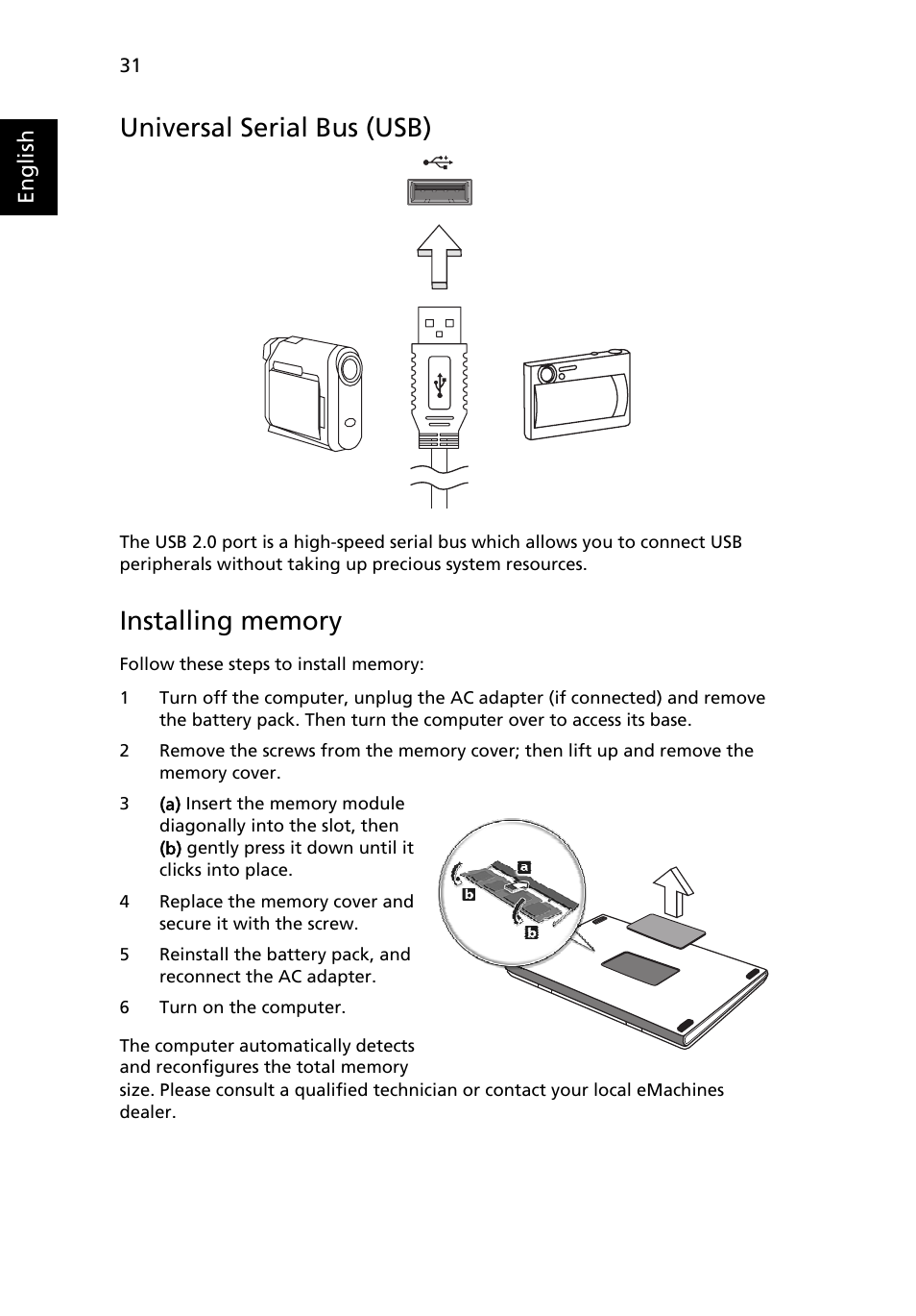 Universal serial bus (usb), Installing memory | eMachines E510 Series User Manual | Page 50 / 64