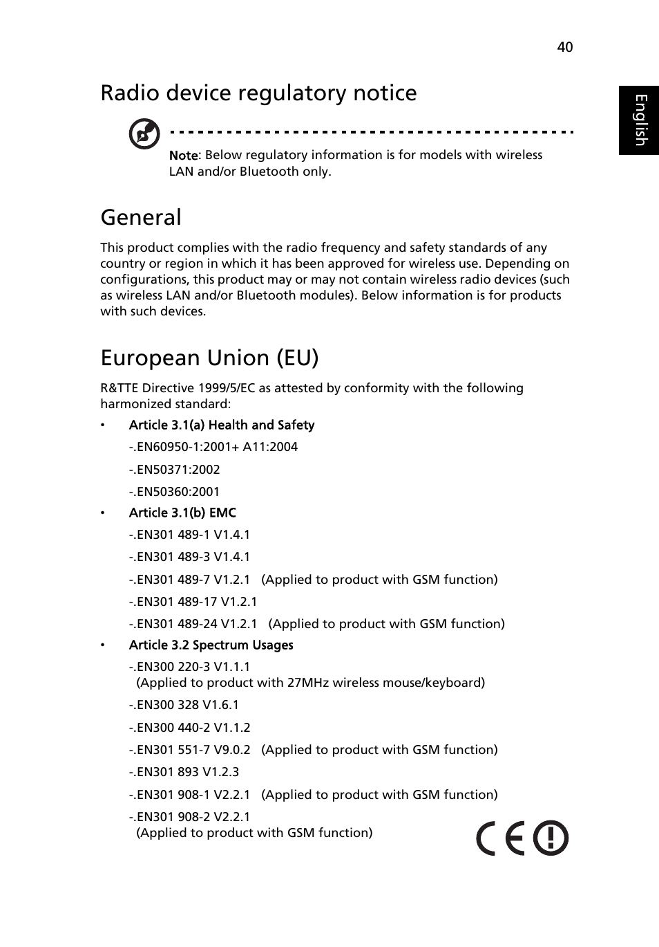 Radio device regulatory notice, General, European union (eu) | eMachines E510 Series User Manual | Page 59 / 64