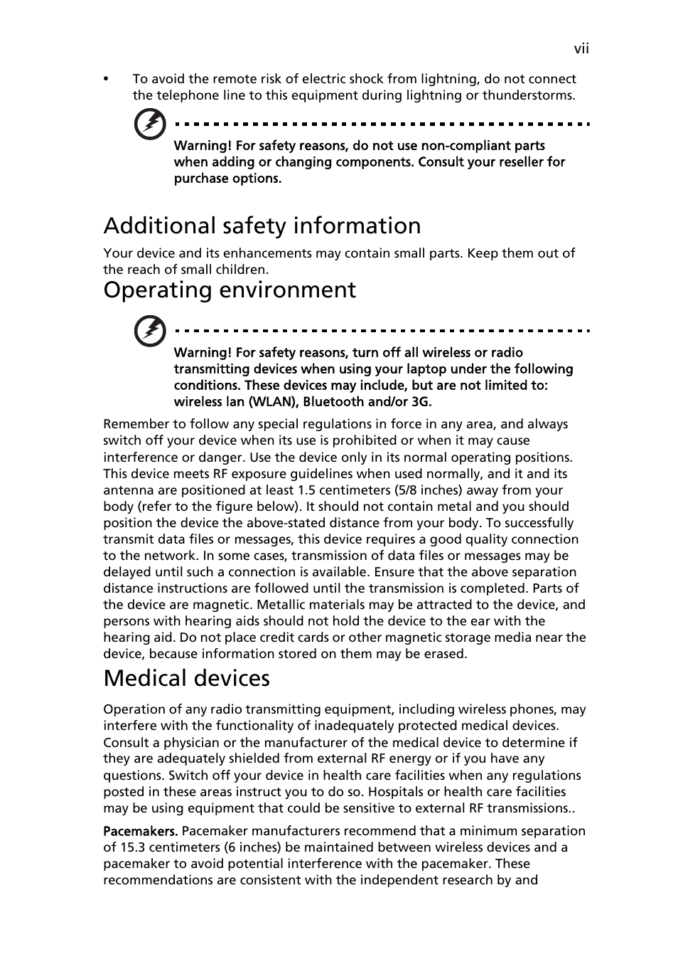 Additional safety information, Operating environment, Medical devices | eMachines E510 Series User Manual | Page 7 / 64