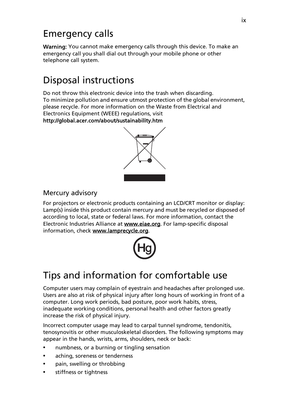 Emergency calls, Disposal instructions, Tips and information for comfortable use | eMachines E510 Series User Manual | Page 9 / 64