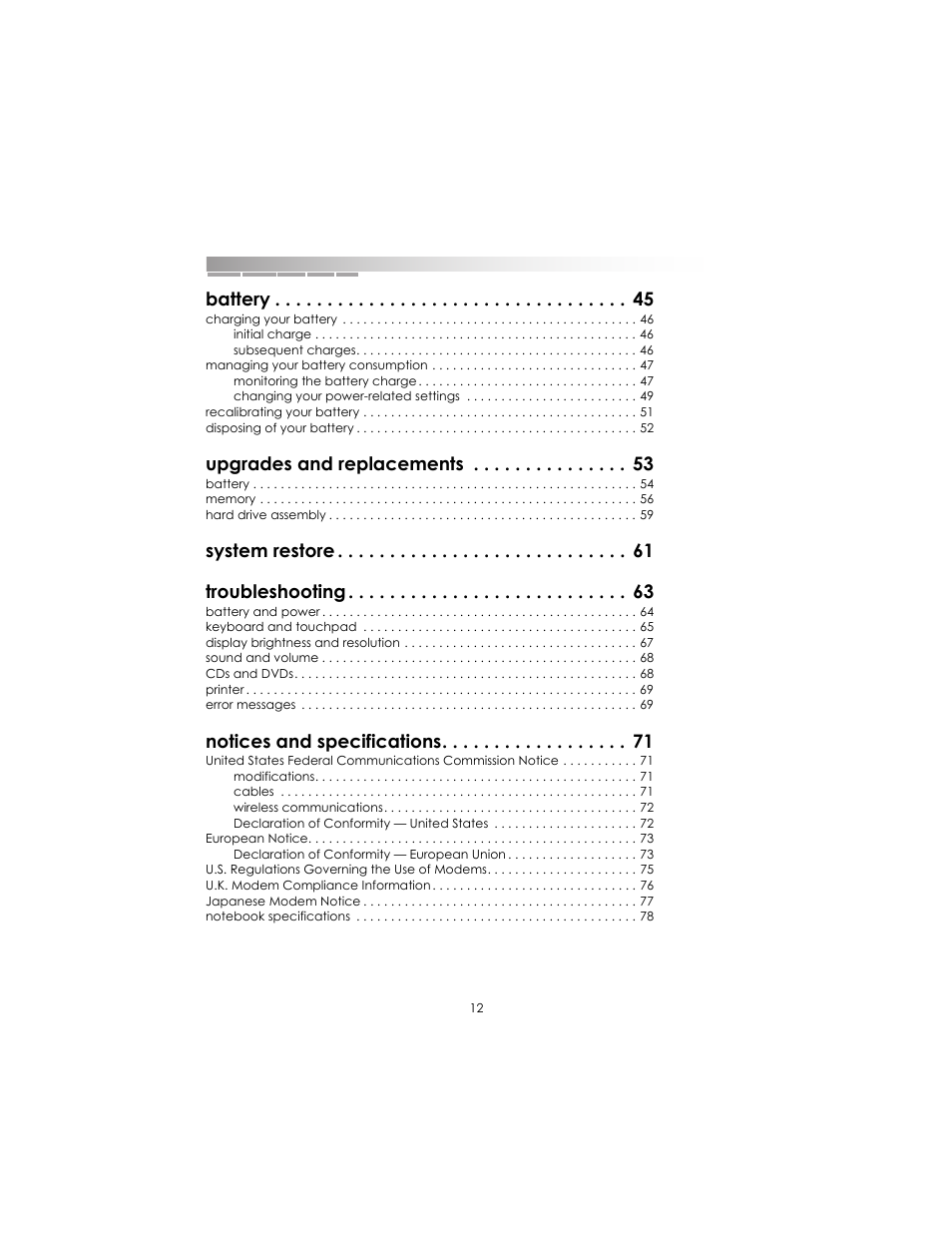 Battery, Upgrades and replacements, System restore troubleshooting | Notices and specifications | eMachines AAFW53700001K0 User Manual | Page 12 / 77