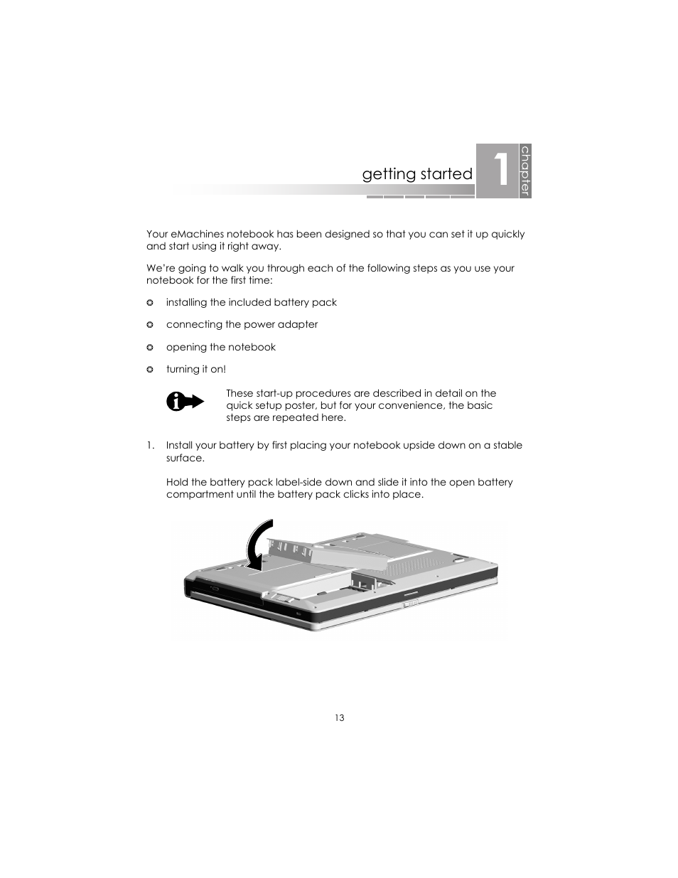 Getting started | eMachines AAFW53700001K0 User Manual | Page 13 / 77