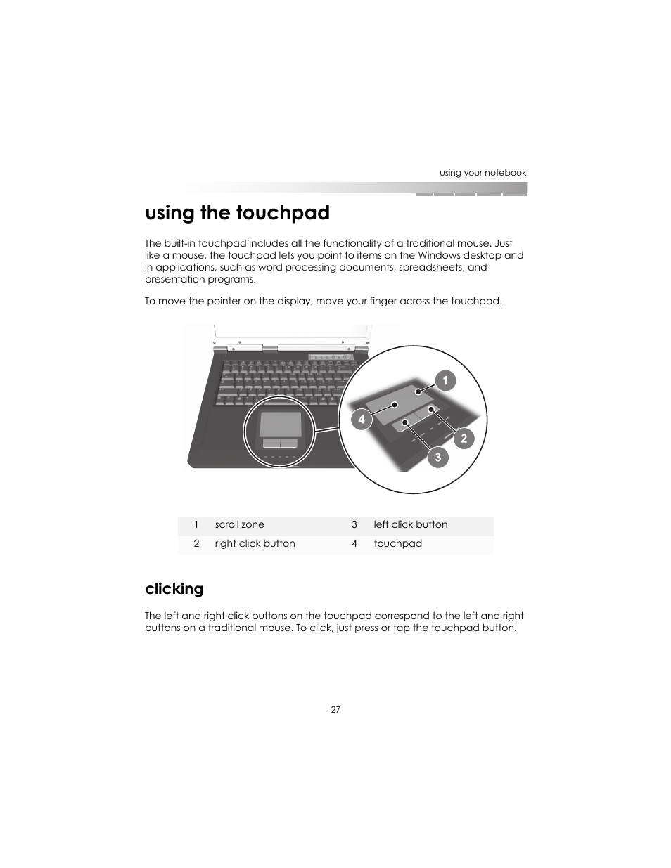 Using the touchpad, Clicking | eMachines AAFW53700001K0 User Manual | Page 26 / 77