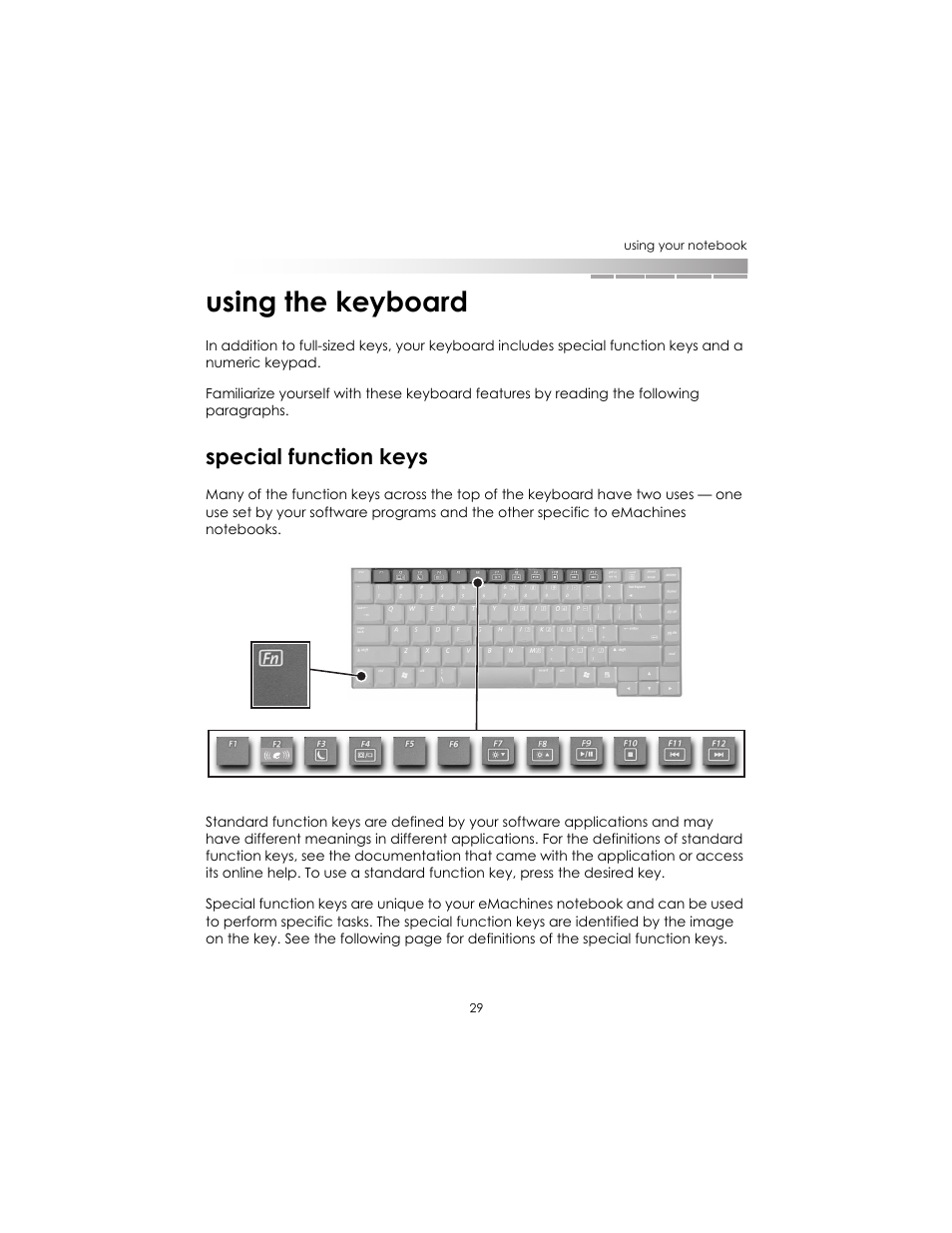 Using the keyboard, Special function keys | eMachines AAFW53700001K0 User Manual | Page 28 / 77
