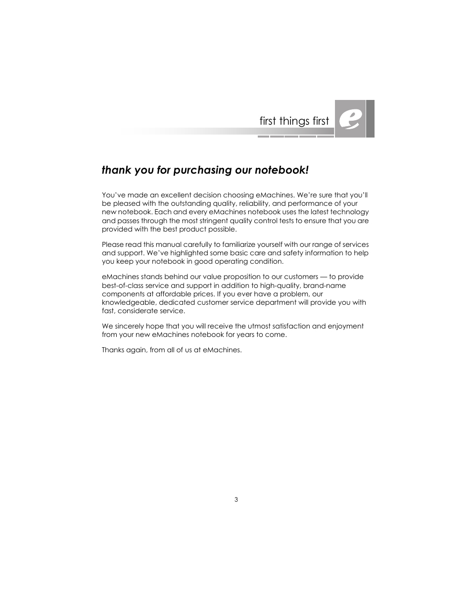 First things first | eMachines AAFW53700001K0 User Manual | Page 3 / 77