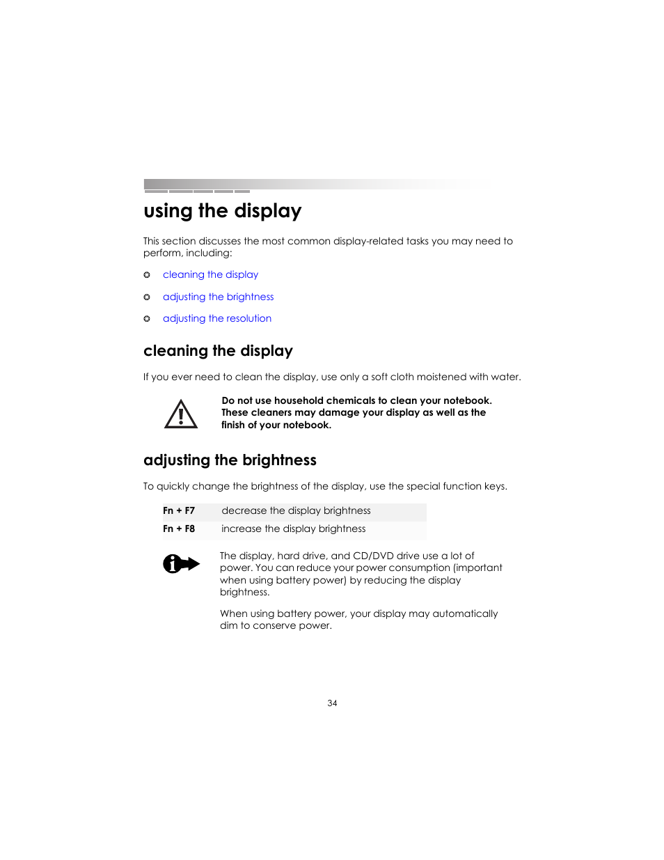 Using the display, Cleaning the display, Adjusting the brightness | Cleaning the display adjusting the brightness | eMachines AAFW53700001K0 User Manual | Page 33 / 77