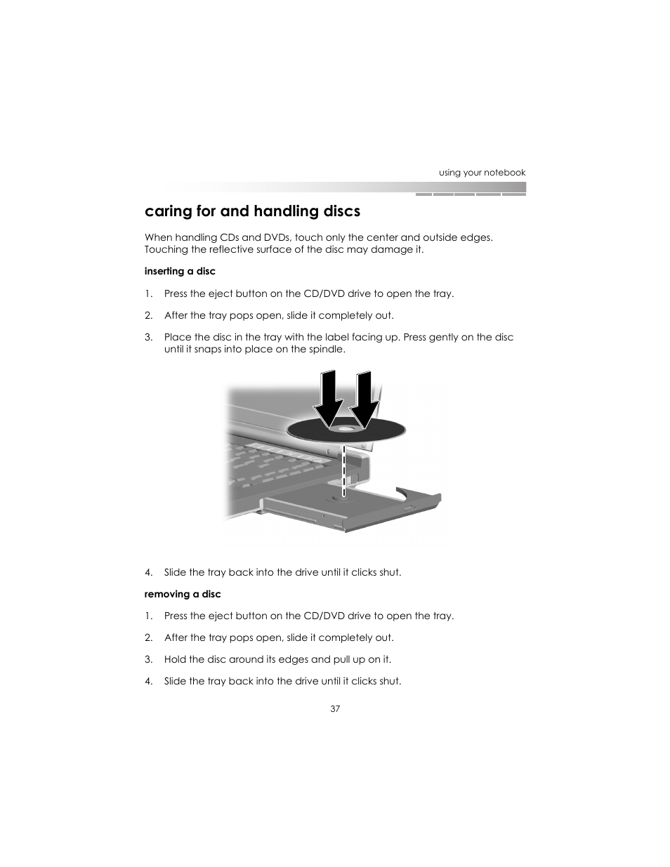 Caring for and handling discs | eMachines AAFW53700001K0 User Manual | Page 36 / 77