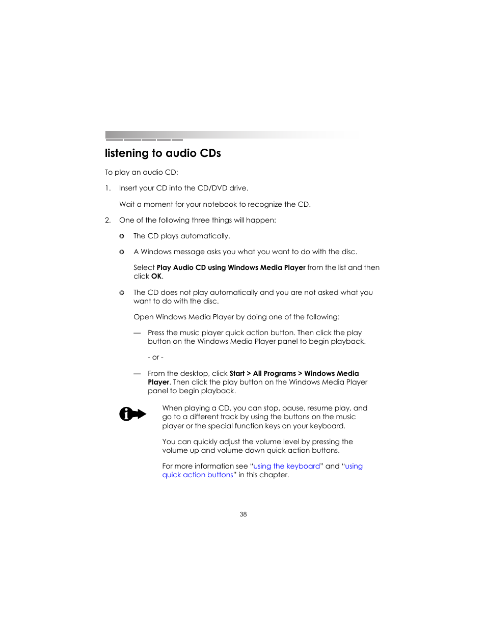 Listening to audio cds | eMachines AAFW53700001K0 User Manual | Page 37 / 77
