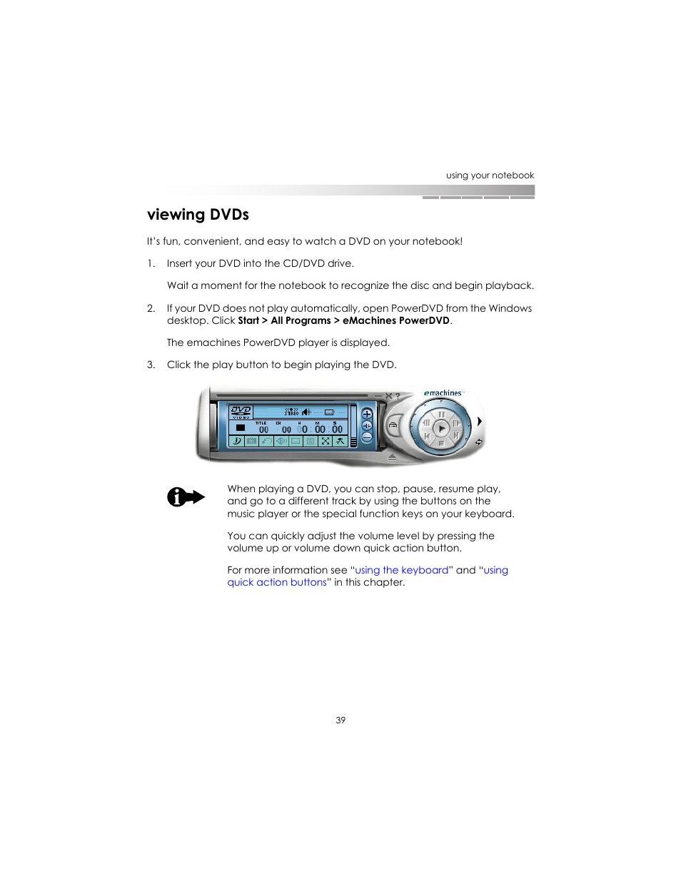 Viewing dvds | eMachines AAFW53700001K0 User Manual | Page 38 / 77