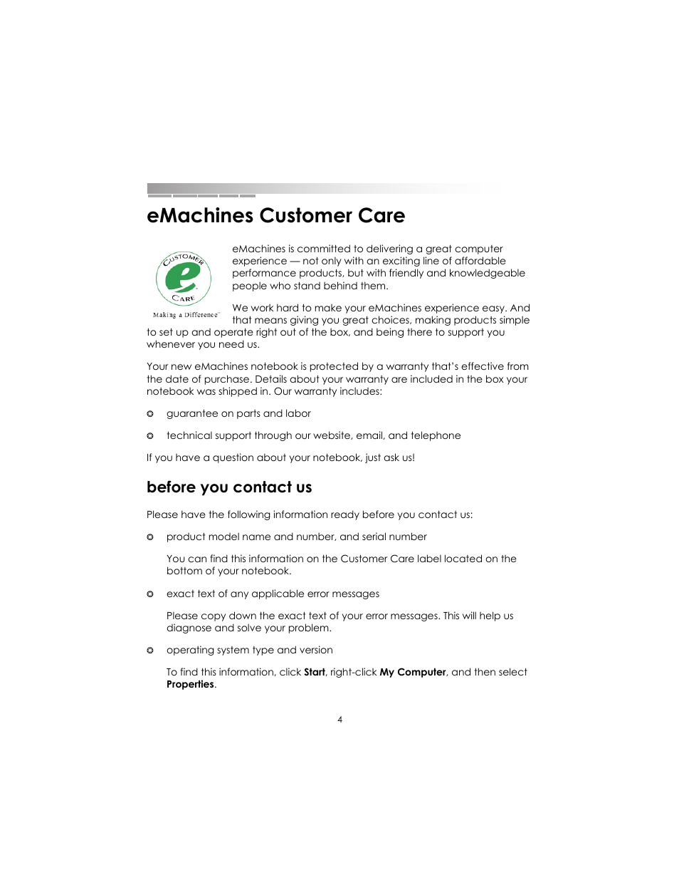 Emachines customer care, Before you contact us | eMachines AAFW53700001K0 User Manual | Page 4 / 77
