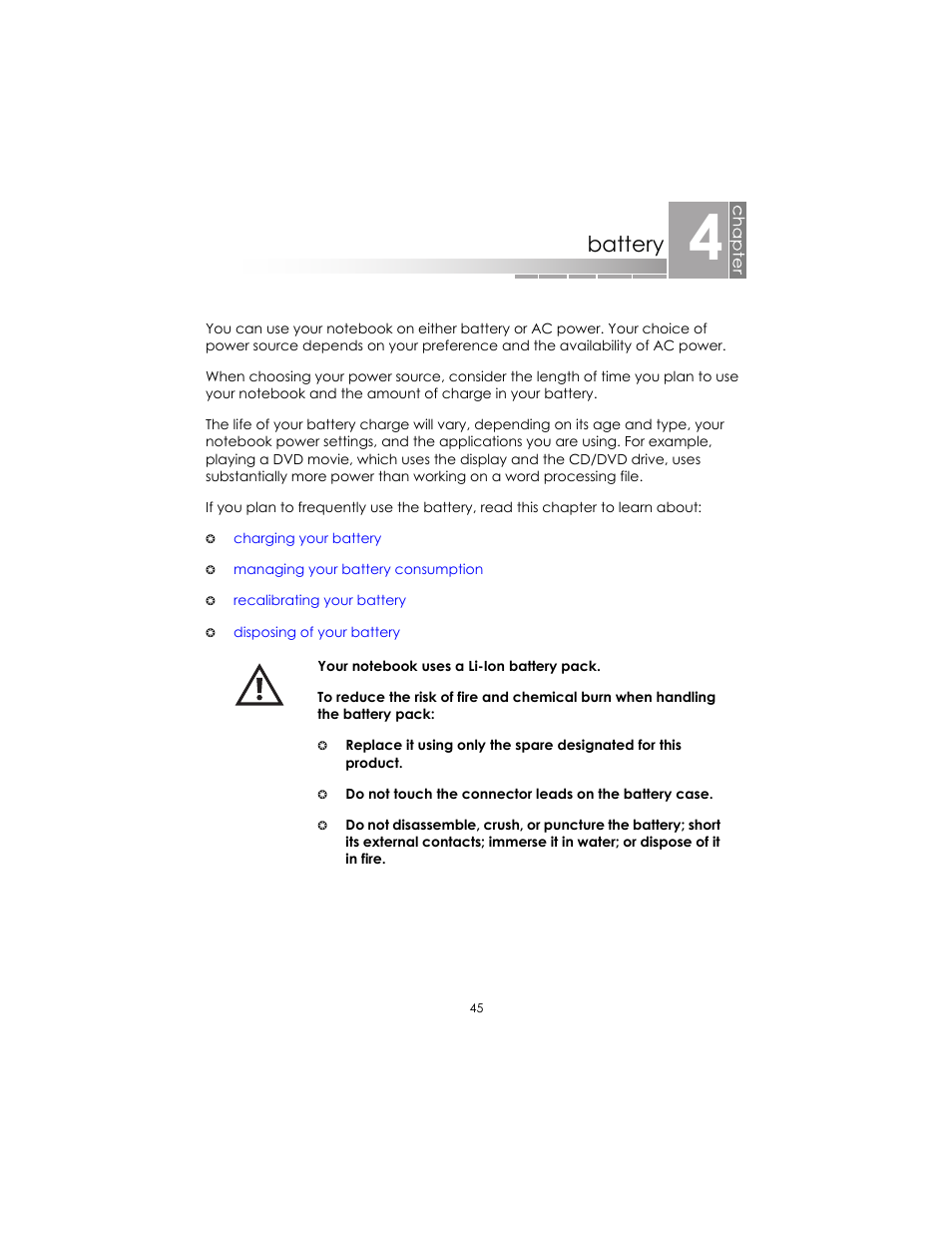 Battery | eMachines AAFW53700001K0 User Manual | Page 44 / 77