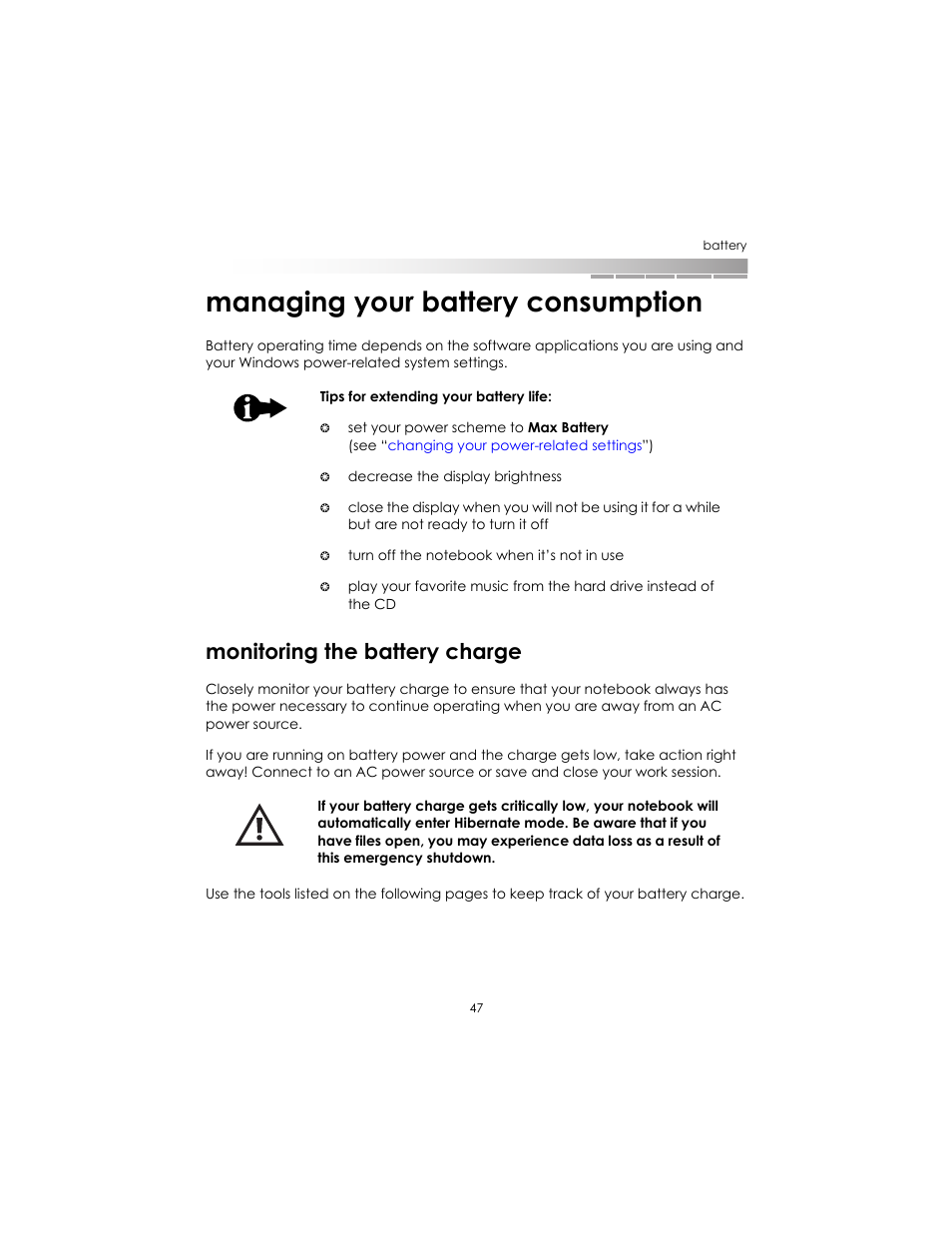 Managing your battery consumption, Monitoring the battery charge | eMachines AAFW53700001K0 User Manual | Page 46 / 77
