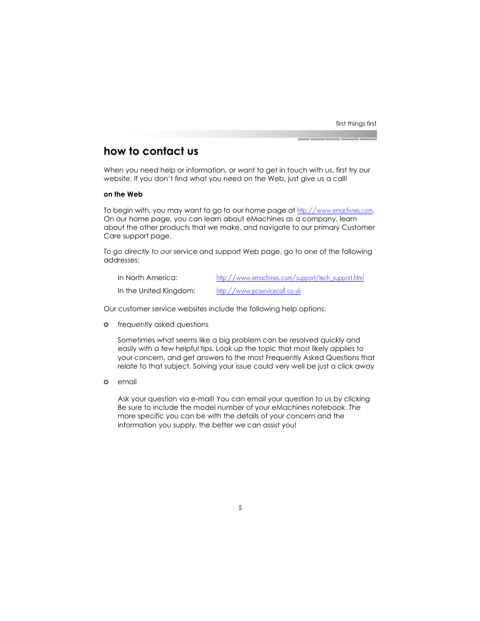 How to contact us | eMachines AAFW53700001K0 User Manual | Page 5 / 77