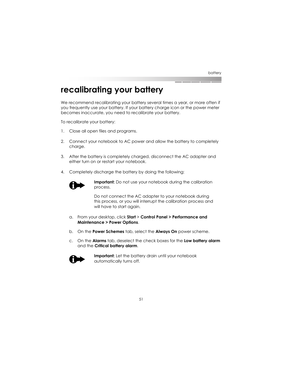 Recalibrating your battery | eMachines AAFW53700001K0 User Manual | Page 50 / 77