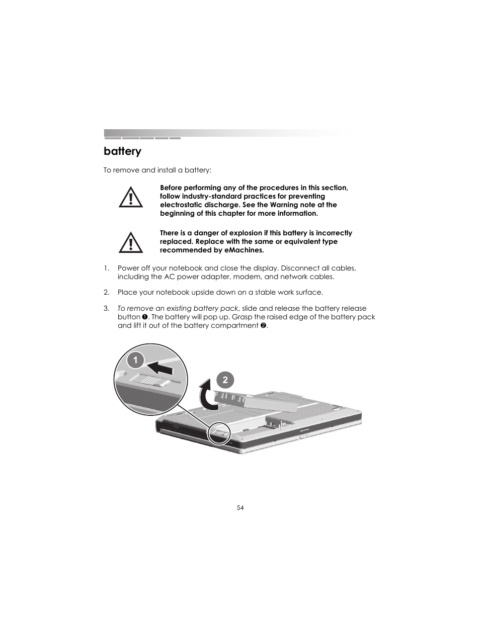 Battery | eMachines AAFW53700001K0 User Manual | Page 53 / 77