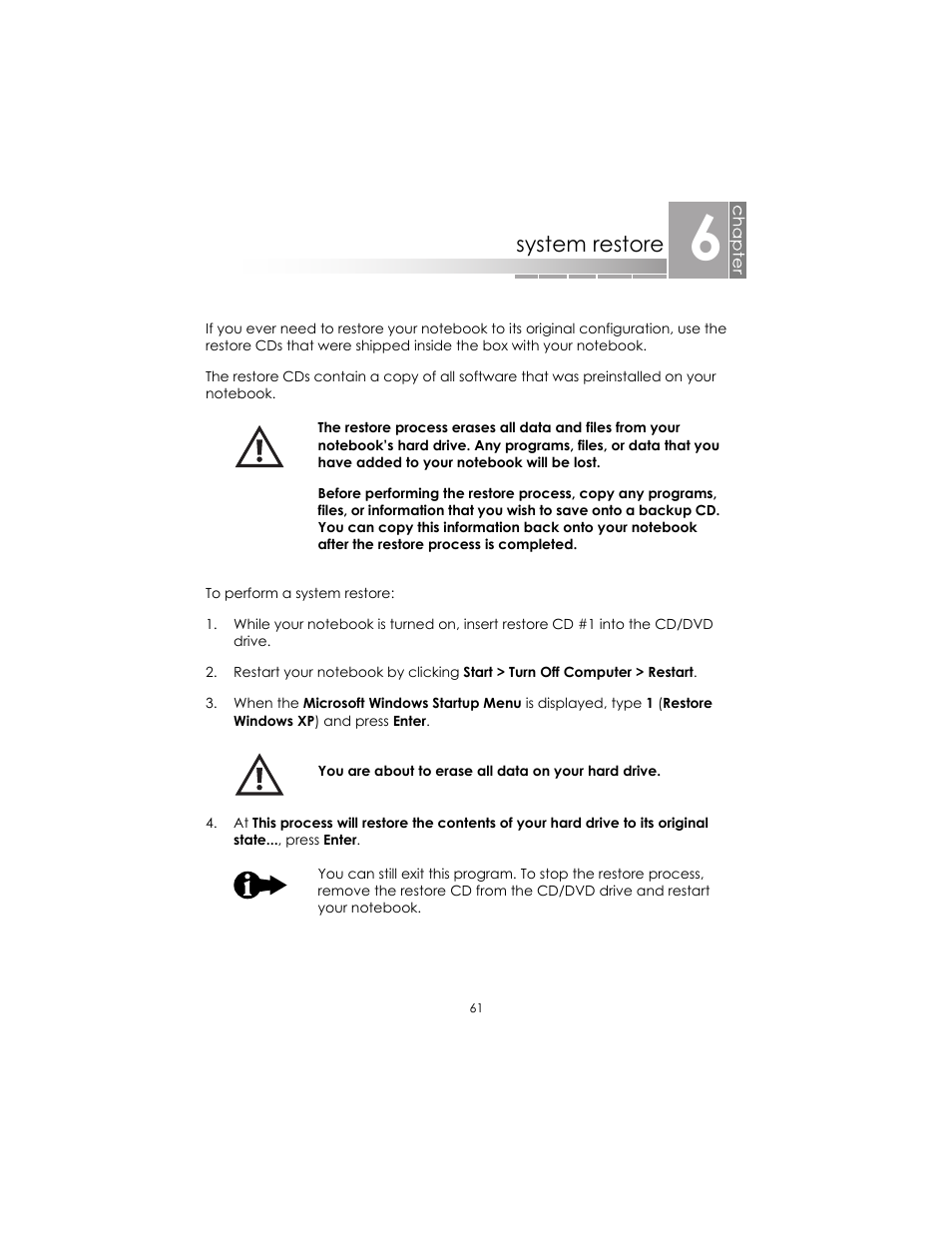 System restore | eMachines AAFW53700001K0 User Manual | Page 60 / 77