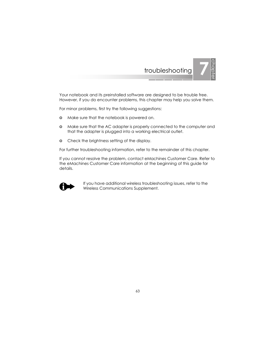 Troubleshooting | eMachines AAFW53700001K0 User Manual | Page 62 / 77