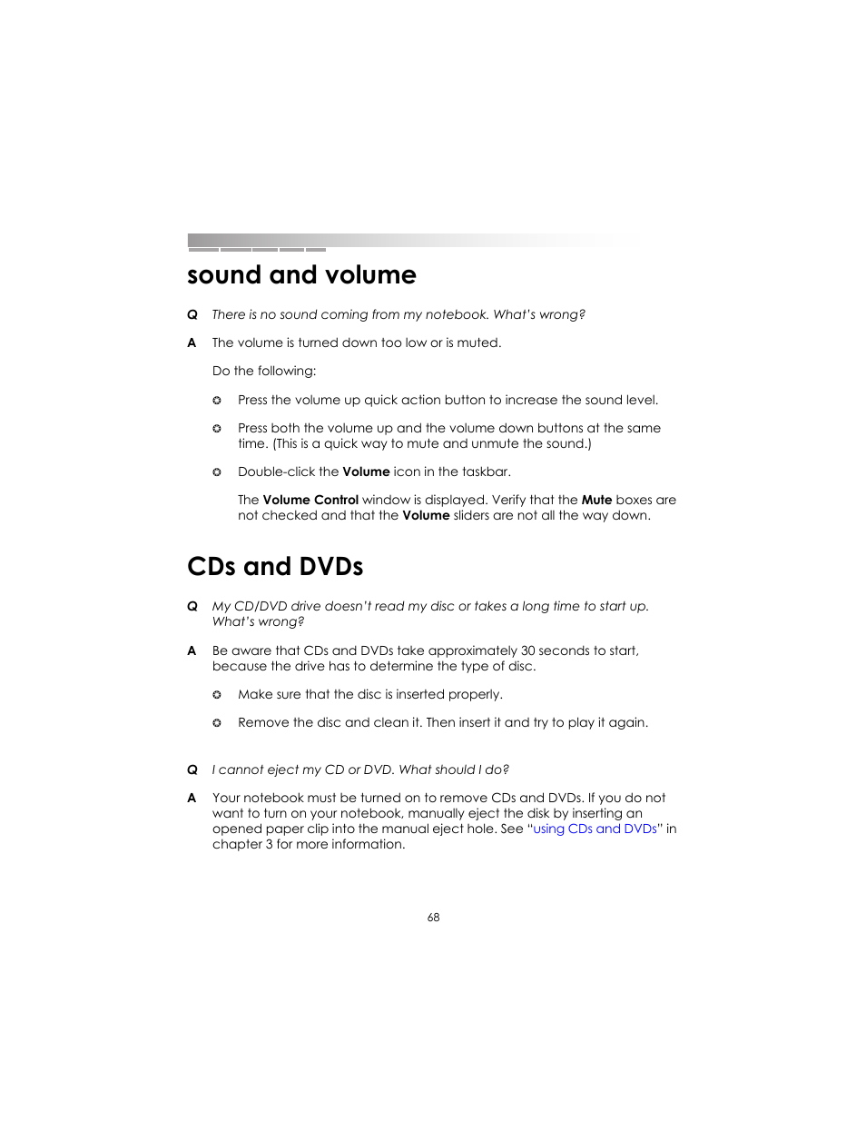 Sound and volume, Cds and dvds, Sound and volume cds and dvds | eMachines AAFW53700001K0 User Manual | Page 67 / 77