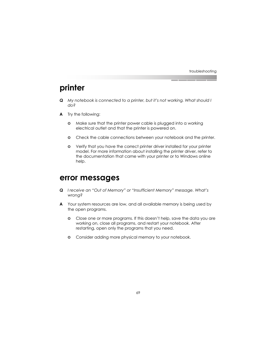 Printer, Error messages, Printer error messages | eMachines AAFW53700001K0 User Manual | Page 68 / 77