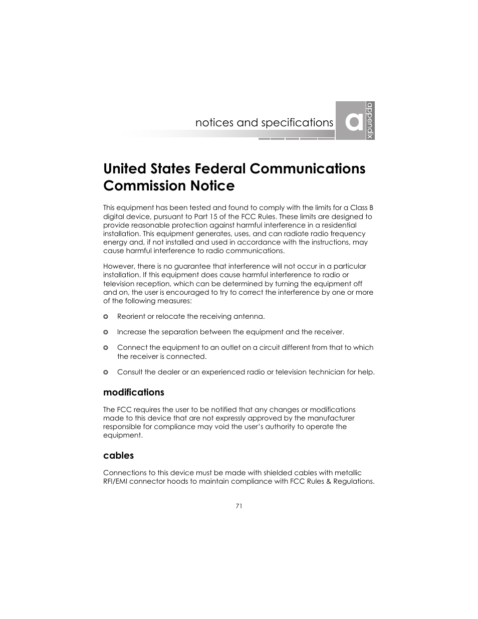 Notices and specifications, Modifications, Cables | Modifications cables | eMachines AAFW53700001K0 User Manual | Page 69 / 77
