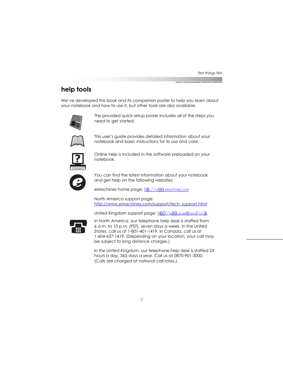 Help tools | eMachines AAFW53700001K0 User Manual | Page 7 / 77