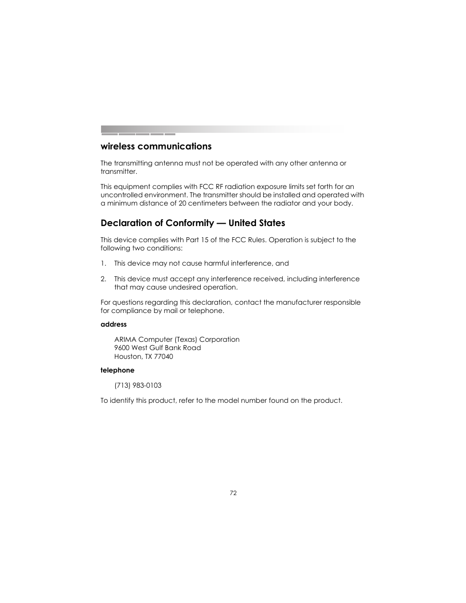 Wireless communications, Declaration of conformity - united states, Declaration of conformity — united states | eMachines AAFW53700001K0 User Manual | Page 70 / 77
