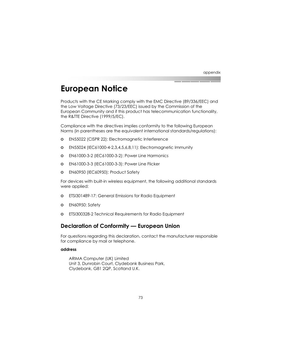 European notice, Declaration of conformity - european union, Declaration of conformity — european union | eMachines AAFW53700001K0 User Manual | Page 71 / 77