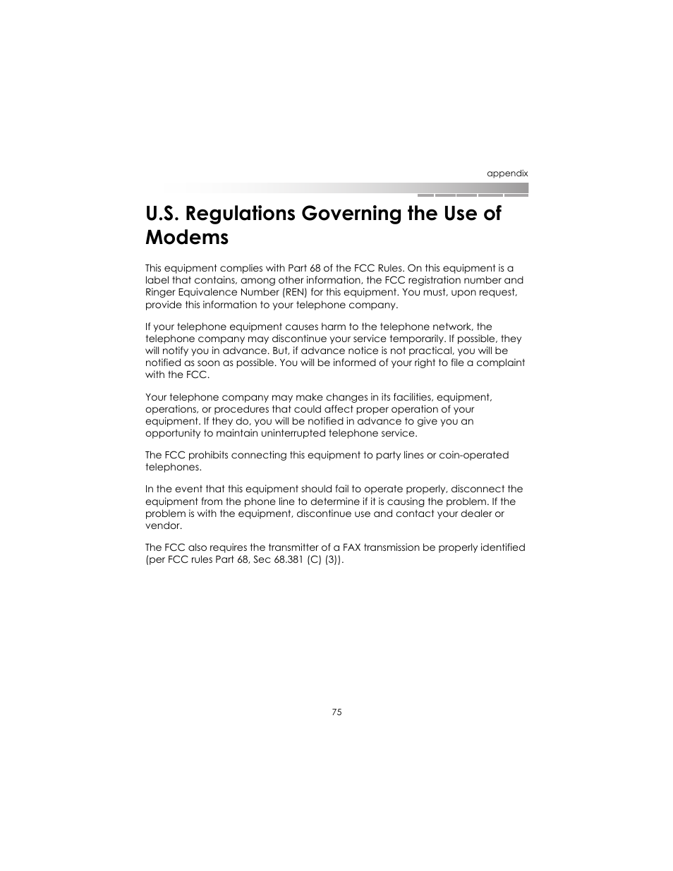 U.s. regulations governing the use of modems | eMachines AAFW53700001K0 User Manual | Page 73 / 77