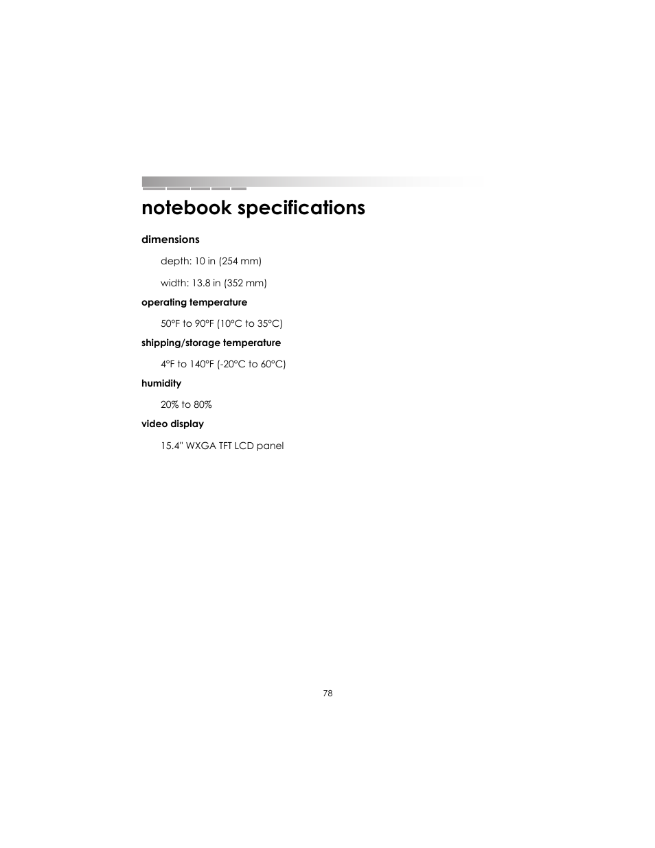Notebook specifications | eMachines AAFW53700001K0 User Manual | Page 76 / 77