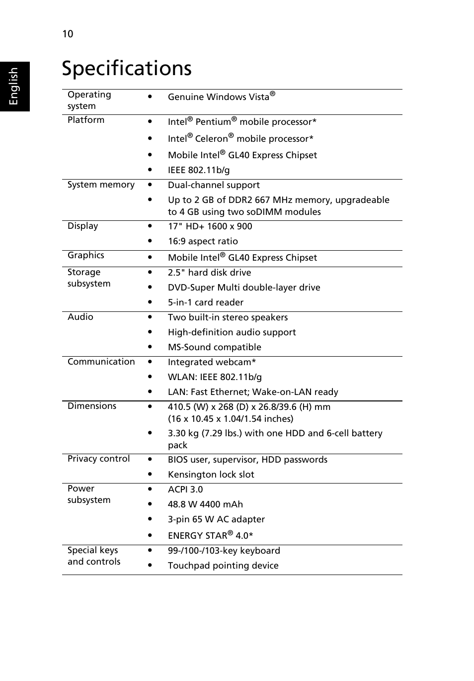 Specifications | eMachines G725 Series User Manual | Page 10 / 11