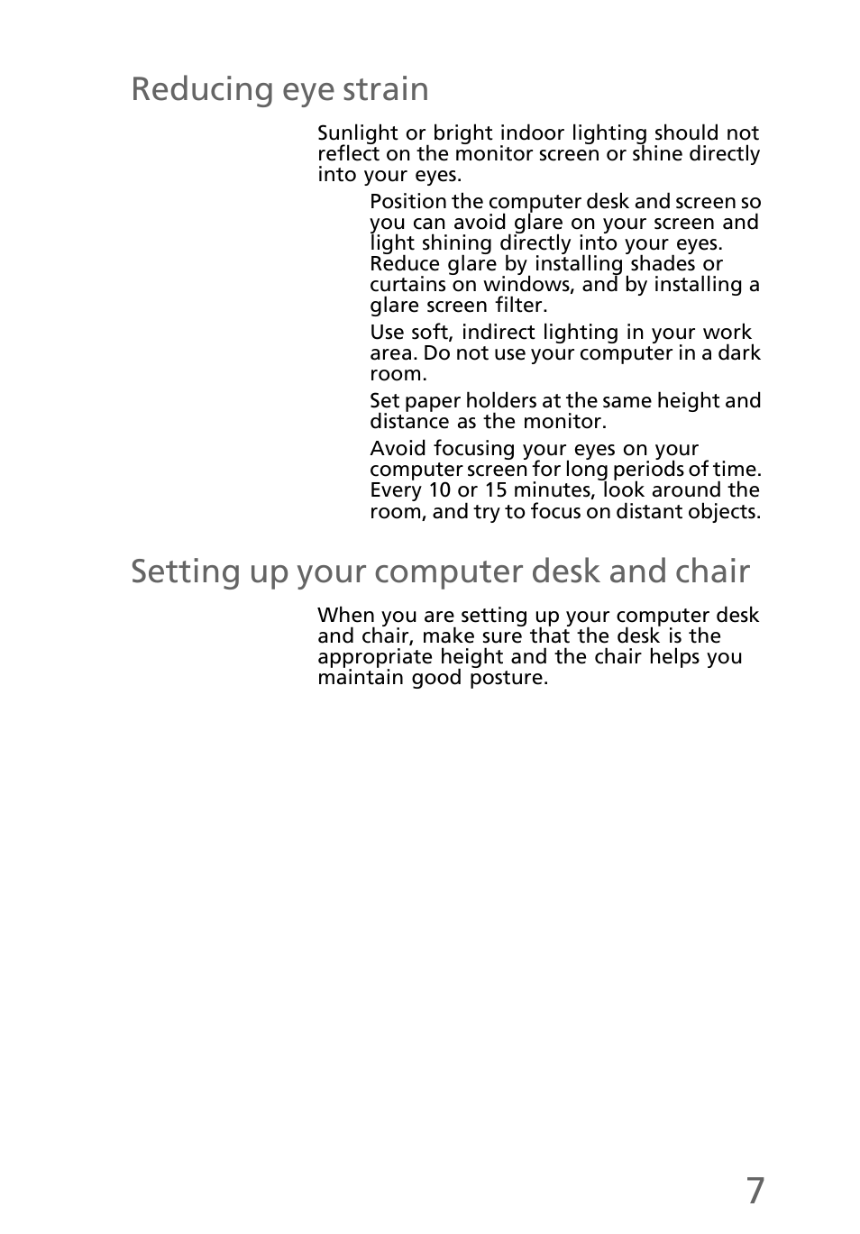 Reducing eye strain, Setting up your computer desk and chair | eMachines EL1200 Series User Manual | Page 17 / 82