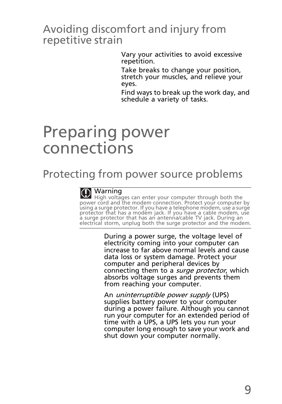 Preparing power connections, Protecting from power source problems, Avoiding discomfort and injury from repetitive | Strain | eMachines EL1200 Series User Manual | Page 19 / 82