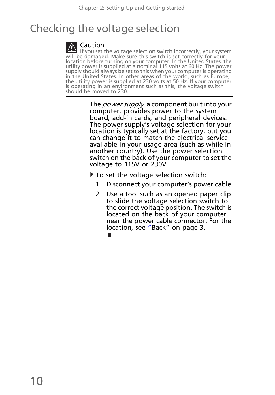 Checking the voltage selection, To set the voltage selection switch | eMachines EL1200 Series User Manual | Page 20 / 82