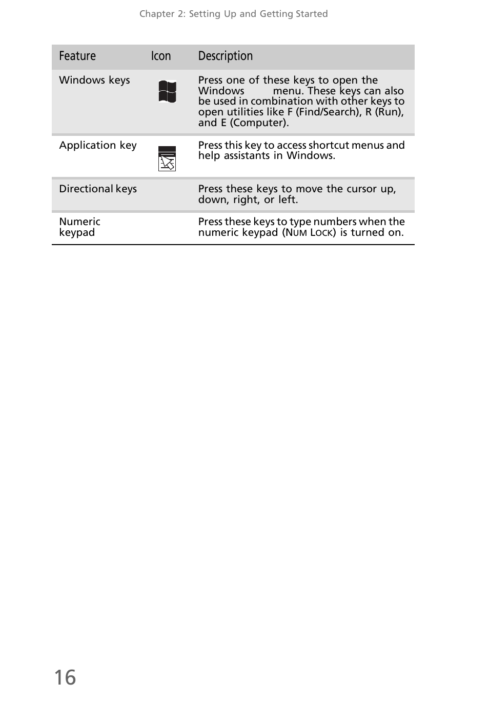 Feature icon description | eMachines EL1200 Series User Manual | Page 26 / 82
