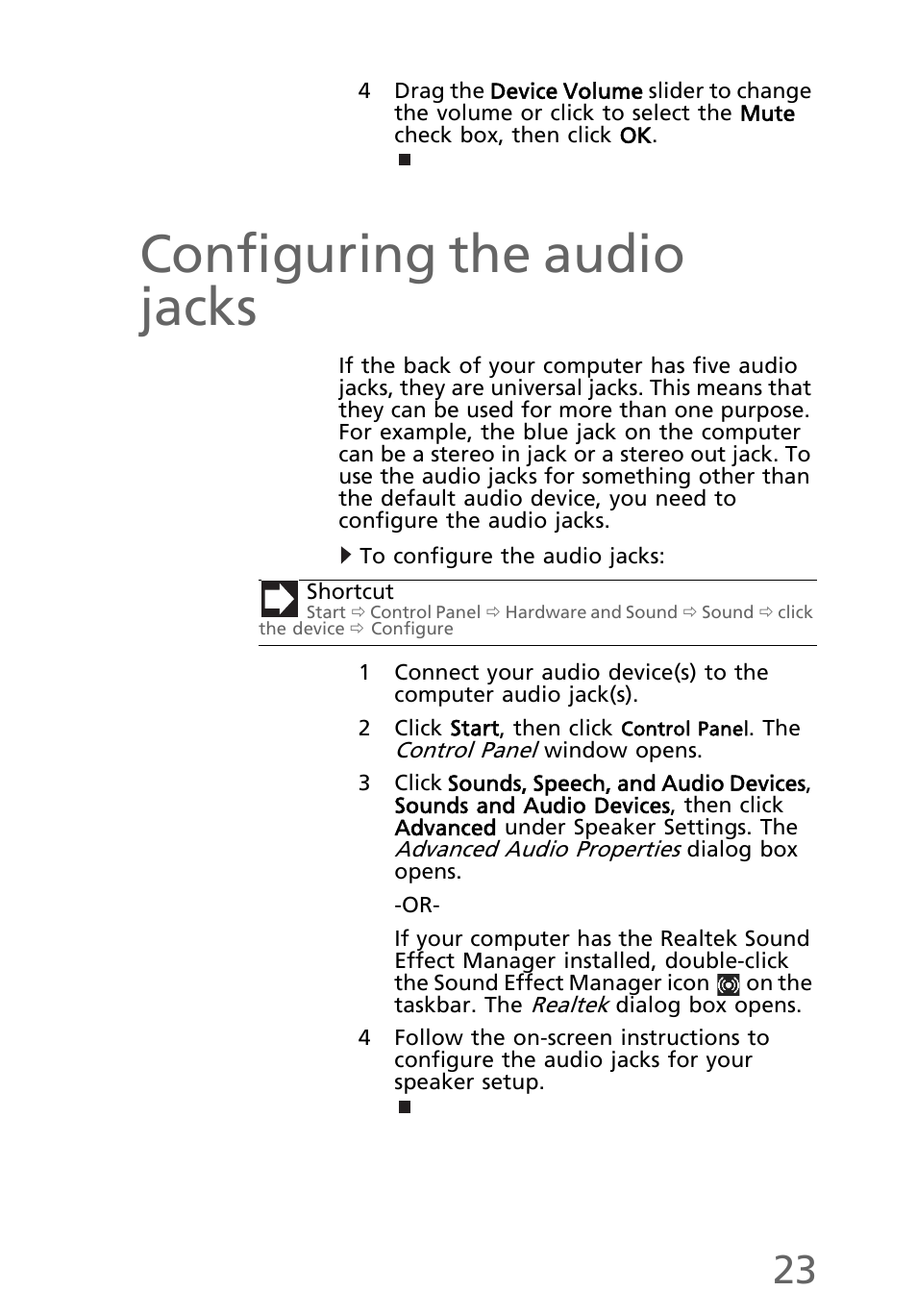 Configuring the audio jacks, To configure the audio jacks | eMachines EL1200 Series User Manual | Page 33 / 82