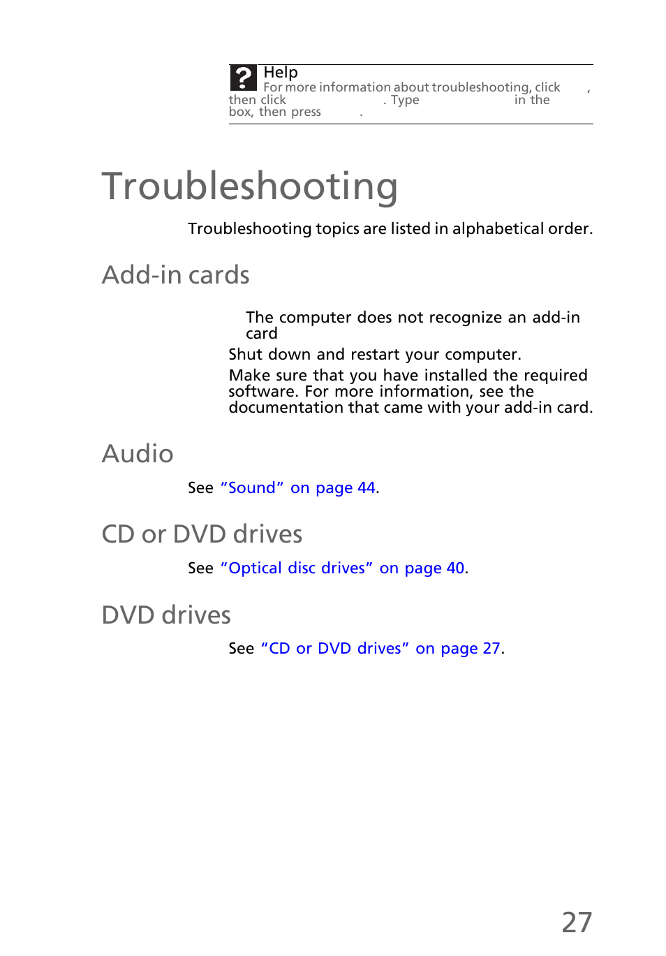 Troubleshooting, Add-in cards, The computer does not recognize an add-in card | Audio, Cd or dvd drives, Dvd drives | eMachines EL1200 Series User Manual | Page 37 / 82