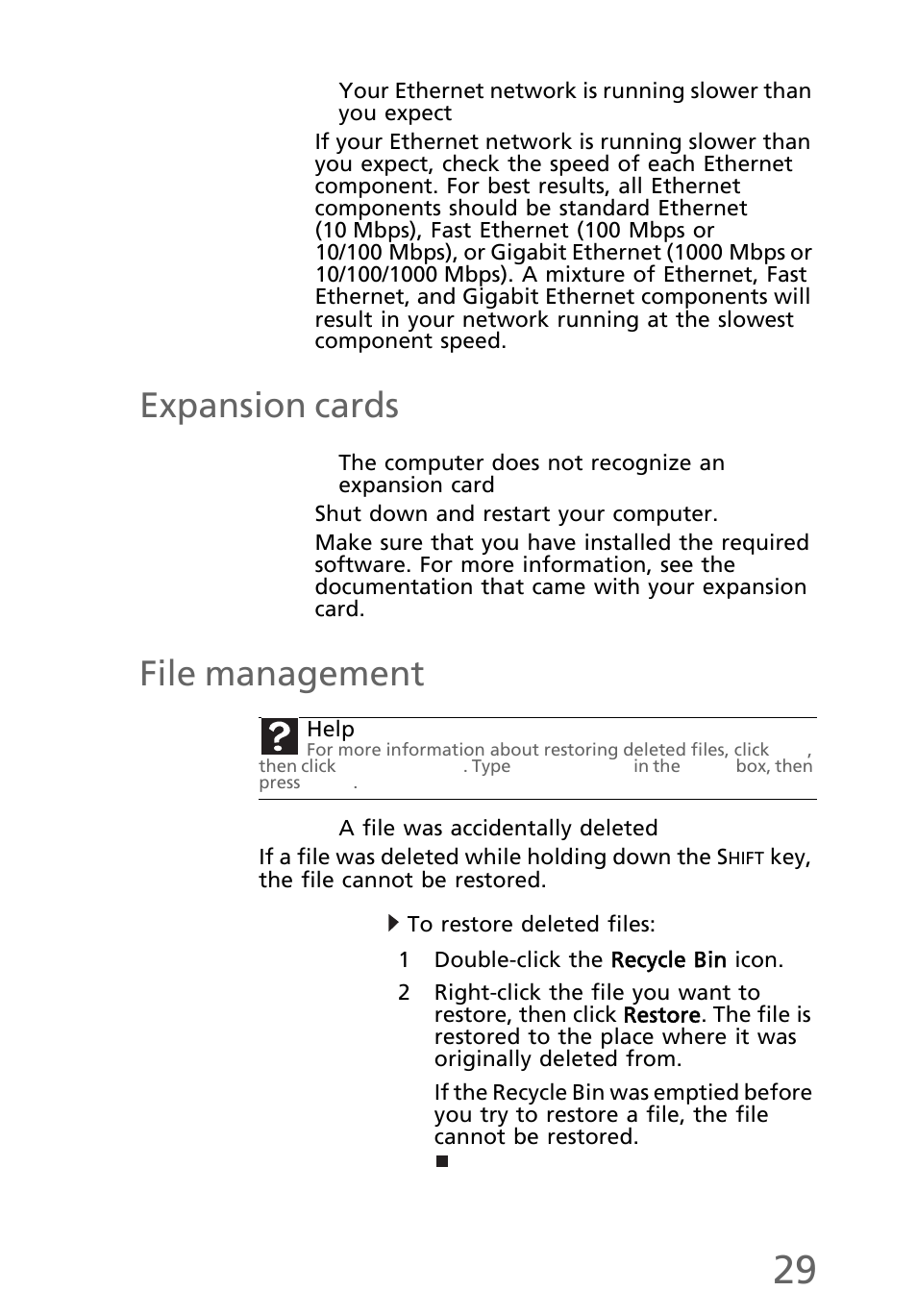 Expansion cards, The computer does not recognize an expansion card, File management | A file was accidentally deleted, To restore deleted files | eMachines EL1200 Series User Manual | Page 39 / 82