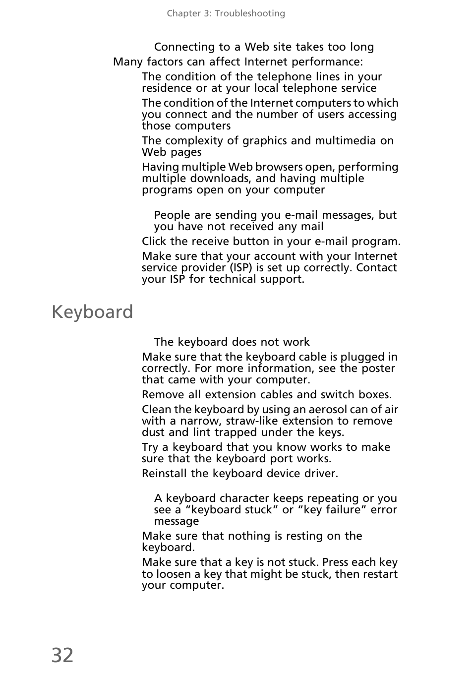 Connecting to a web site takes too long, Keyboard, The keyboard does not work | eMachines EL1200 Series User Manual | Page 42 / 82